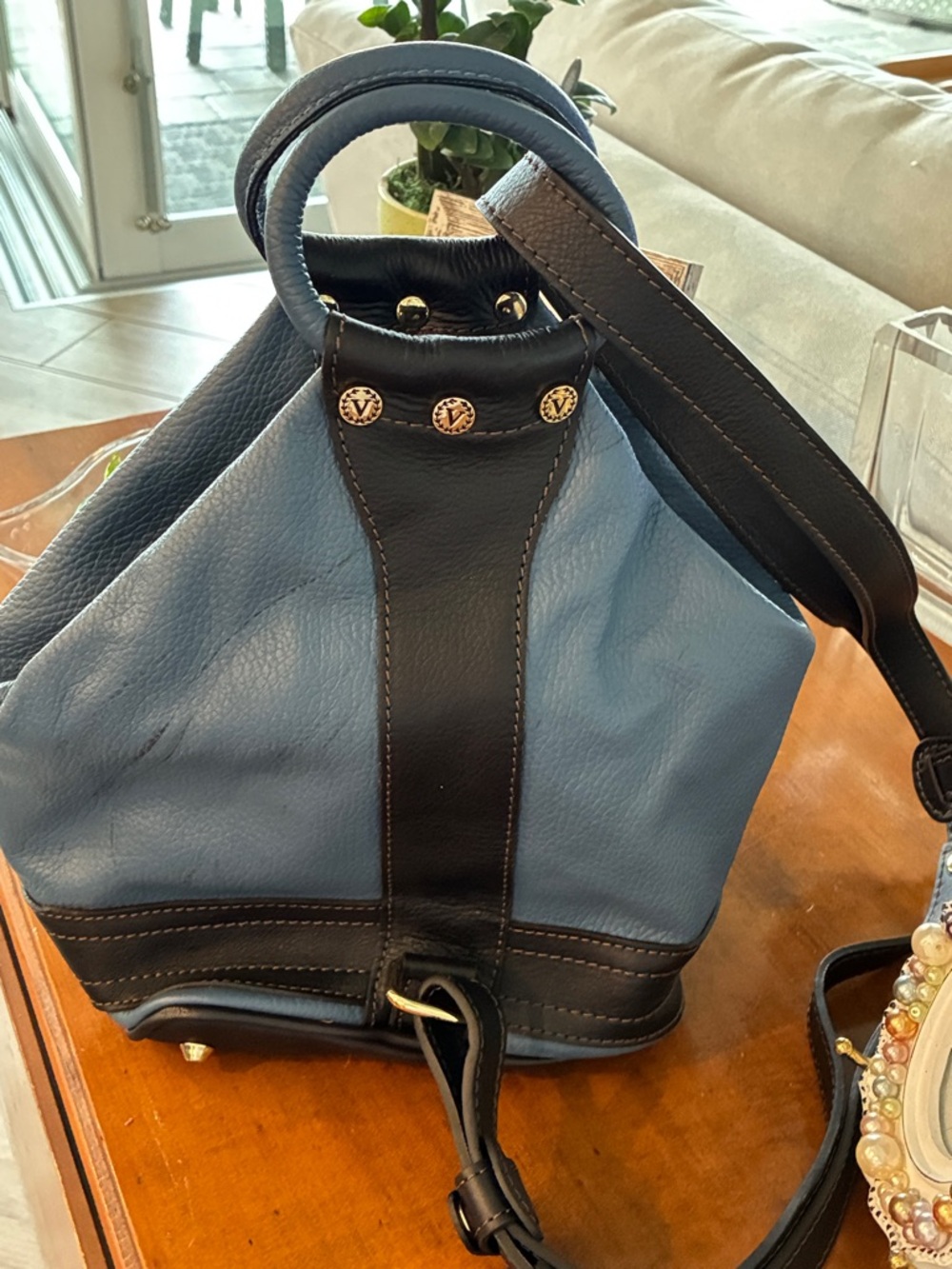 Valentina Blue and Dark Brown Leather Backpack - Picture 5 of 16